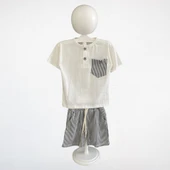 Çizgili Detaylı Çocuk Şortlu Takım – Ekru/Lacivert - 2