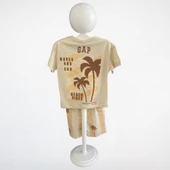 Çocuk Yazlık Takım – Palmiye Desenli Kahverengi & Beyaz - 4