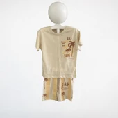 Çocuk Yazlık Takım – Palmiye Desenli Kahverengi & Beyaz - 3