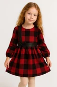 ESİLA KİDS Kız Çocuk Elbise Kırmızı Siyah Ekose Desen Kuşak ve Fiyonk Deri Detaylı Uzun Kollu 3-8 yaş thumbnail 2