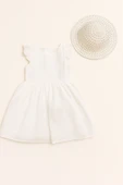 ESİLA KİDS Kız Çocuk Elbise Dantelli Kolsuz Yazlık Elbise Şapka Kombinli Plaj Takımı Ekru Günlük Elbise 2-7 Yaş thumbnail 2