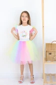 ESİLA KİDS Kız Çocuk Takım Unicorn Renkli Tütü Etekli Şık Takım Yazlık Parti Ve Doğum Günü Seti 3-6 Yaş thumbnail 3