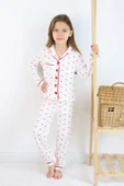 ESİLA KİDS Kız Çocuk Pijama Takımı Kalp Desenli Yakalı Önü Düğmeli Cep Detaylı 4-12 Yaş Arası thumbnail 1