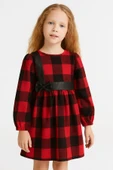 ESİLA KİDS Kız Çocuk Elbise Kırmızı Siyah Ekose Desen Kuşak ve Fiyonk Deri Detaylı Uzun Kollu 3-8 yaş thumbnail 1