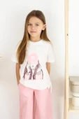 ESİLA KİDS Kız Çocuk Takım Şapkalı Kız Baskılı Tişört Ve Bej Bol Paça Pantolon Alt Ve Üst Takım 6-13 Yaş - 9