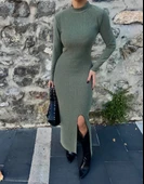 Yırtmaçlı kalın bürümcük uzun elbise Yeşil - 3