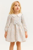 ESİLA KİDS Kız Çocuk Elbise Brode Yakalı Çizgili Balon Etek Elbise Uzun Kollu Kuşaklı 3-7 Yaş thumbnail 3
