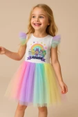 ESİLA KİDS Kız Çocuk Renkli Tüllü Fırfırlı Kollu Labubu Baskılı Elbise 2-8 Yaş thumbnail 1
