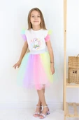 ESİLA KİDS Kız Çocuk Takım Unicorn Renkli Tütü Etekli Şık Takım Yazlık Parti Ve Doğum Günü Seti 3-6 Yaş thumbnail 1