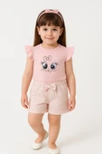 ESİLA KİDS Kız Çocuk Fiyonklu Şortlu Takım Yazlık Pamuklu Sevimli Baskılı 2'li Takım 2-5 Yaş thumbnail 9