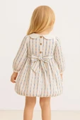 ESİLA KİDS Kız Çocuk Elbise Brode Yakalı Çizgili Balon Etek Elbise Uzun Kollu Kuşaklı 3-7 Yaş thumbnail 4