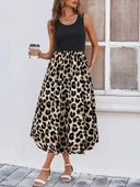 Kadın Askılı Yuvarlak Yaka üst Viskon Alt Leopar Desenli Süprem Uzun Elbise thumbnail 4