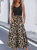 Kadın Askılı Yuvarlak Yaka üst Viskon Alt Leopar Desenli Süprem Uzun Elbise thumbnail 3