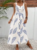 Kadın Askılı önden Düğmeli Yaprak Desenli Uzun Süprem Elbise thumbnail 2