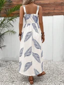 Kadın Askılı önden Düğmeli Yaprak Desenli Uzun Süprem Elbise thumbnail 6