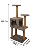 Pribor Üç Katlı Yuvalı Lüx Kedi Tırmalama Platformu ve Kedi Oyun Evi Gri 118 cm - 1