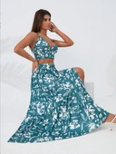 Kadın Ince Askılı çiçek Baskı Desenli Crop Yırtmaçlı Etek Ikili Süprem Takım thumbnail 5