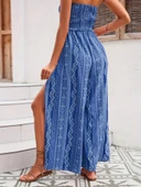 Kadın Yakası Gipe Detaylı önden Yırtmaç Detaylı Desenli Süprem Pantolunetek Tulum - 4