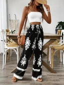 Kadın Yüksek Bel Büzgülü Etnik Desen Baskılı Süprem Pantolon - 4