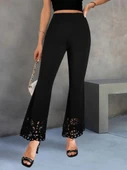 Kadın Yüksek Bel Paçaya Doğru Genişleyen Lazer çiçek Kesim Detaylı Ithal Krep Pantolon - 1