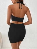 Kadın Sıfır Kol Crop Mini Etek Ikili Triko Takım - 3