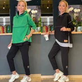 Kadın Yeşil Kapşonlu Etek Ucu Detay Arma Ters Dikiş Gorunumlu Ikili Takım thumbnail 4