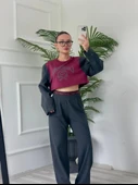 Kadın Vatkalı Crop Sweatshirt Bordo - 2