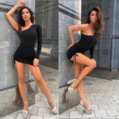 Kadın Omuz Dekolteli Asansör Büzgü Detay Fırsat ürün Mini Siyah Elbise - 1