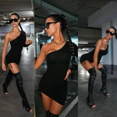 Kadın Omuz Dekolteli Asansör Büzgü Detay Fırsat ürün Mini Siyah Elbise - 3