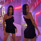 Kadın Omuz Dekolteli Asansör Büzgü Detay Fırsat ürün Mini Siyah Elbise - 2