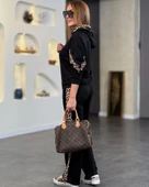 Kadın Kapüşonlu Leopar Detay Sweat Ve Yüksek Bel Yanları Leopar şeritli Bol Paça Pantolon Ikili Takım thumbnail 4