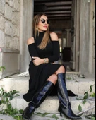 Kadın Balıkçı Yaka Omuzlardan Açık Uzun Kollu Janjan Krep Elbise thumbnail 2