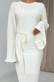 Ekru İspanyol Kol Piliseli Elbise - 3