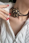 Bağcıklı Kumaş Gül Choker Kolye Gül Kolye - 2
