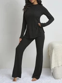 Kadın Uzun Kollu Yuvarlak Yaka Yandan Yırtmaç Detaylı şardonlu Kaşkorse Bluz Ve Pantolon Ikili Takım thumbnail 5