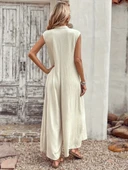 Kadın Kısa Kollu önden Düğmeli Paçaya Doğru Geniş Cepli Uzun Bürümcük Tulum - 4