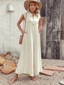 Kadın Kısa Kollu önden Düğmeli Paçaya Doğru Geniş Cepli Uzun Bürümcük Tulum - 3