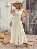 Kadın Kısa Kollu önden Düğmeli Paçaya Doğru Geniş Cepli Uzun Bürümcük Tulum - 2