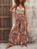 Kadın Yüksek Bel Beli Lastikli Desenli Geniş Paçalı Süprem Pantolon thumbnail 5