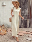 Kadın Kısa Kollu önden Düğmeli Paçaya Doğru Geniş Cepli Uzun Bürümcük Tulum - 6