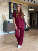 Kadın Kısa Kollu Bisiklet Yaka Viskon Iki Iplik Bluz Ve Pantolon Ikili Takım - 3