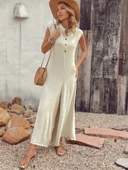 Kadın Kısa Kollu önden Düğmeli Paçaya Doğru Geniş Cepli Uzun Bürümcük Tulum - 5