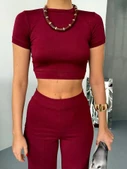 Osy Modal Yumuşak Dokulu Kumaş Kısa Kollu Crop Alt Ispanyol Paça Pantalon Ikili Takım - Bordo - 3