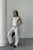 KETEN KENARLARI BİYELİ YELEK - PANTOLON TAKIM - Beyaz - 1