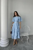 Bebe Mavi Kat Kat Balon Kollu Kemerli Elbise thumbnail 3