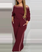 Kadın Uzun Kollu Omuzlardan Açık Beli Lastikli Cepli şerit Desenli Viskon Iki Iplik Tulum thumbnail 1