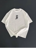 Baskılı Oversize Bisiklet Yaka T-shirt - Beyaz - 1
