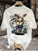 Baskılı Oversize Bisiklet Yaka T-shirt - Beyaz - 1