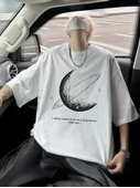 Baskılı Oversize Bisiklet Yaka T-shirt - Beyaz - 1