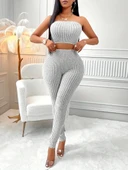 Kadın Uzun Kollu Straplez şardonlu Kaşkorse Bluz önü Düğmeli Ceket Ve Tayt Pantolonlu üçlü Takım thumbnail 3